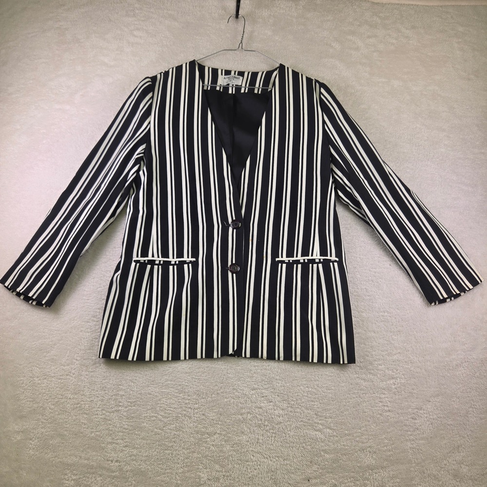 Alfred Dunner Petite 12 Blazer Black White Vertical Stripe V-Neck 2-Button USA